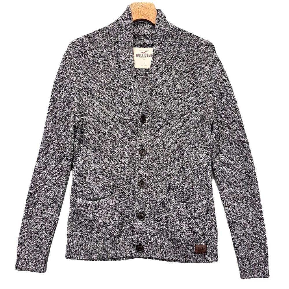 Hollister Cardigan Sweater Mens S Gray Marbled Knit Button Front Preppy Grandpa